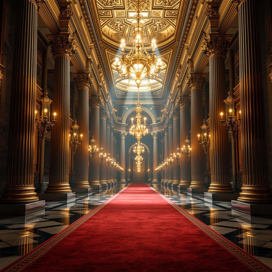 A grand marble hall of honor with golden columns and a red carpet