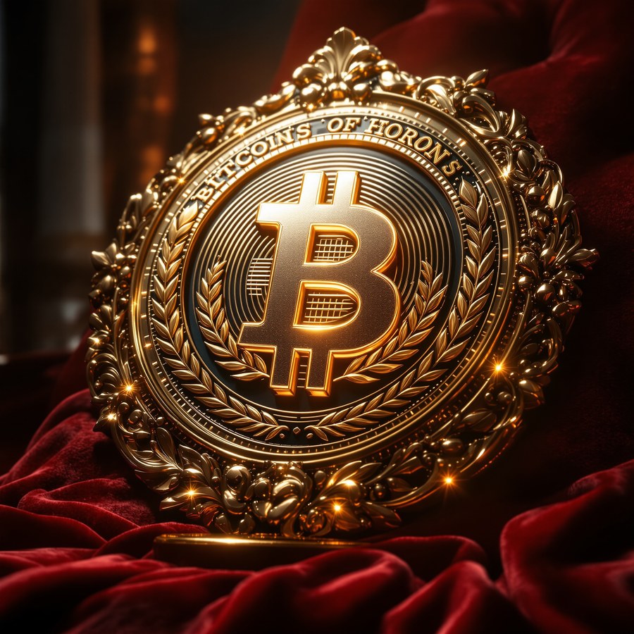 An ornate golden medal engraved with a bitcoin symbol