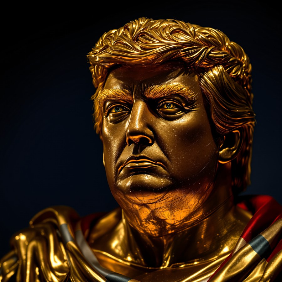 A golden bust of Trump crowned with a laurel wreath